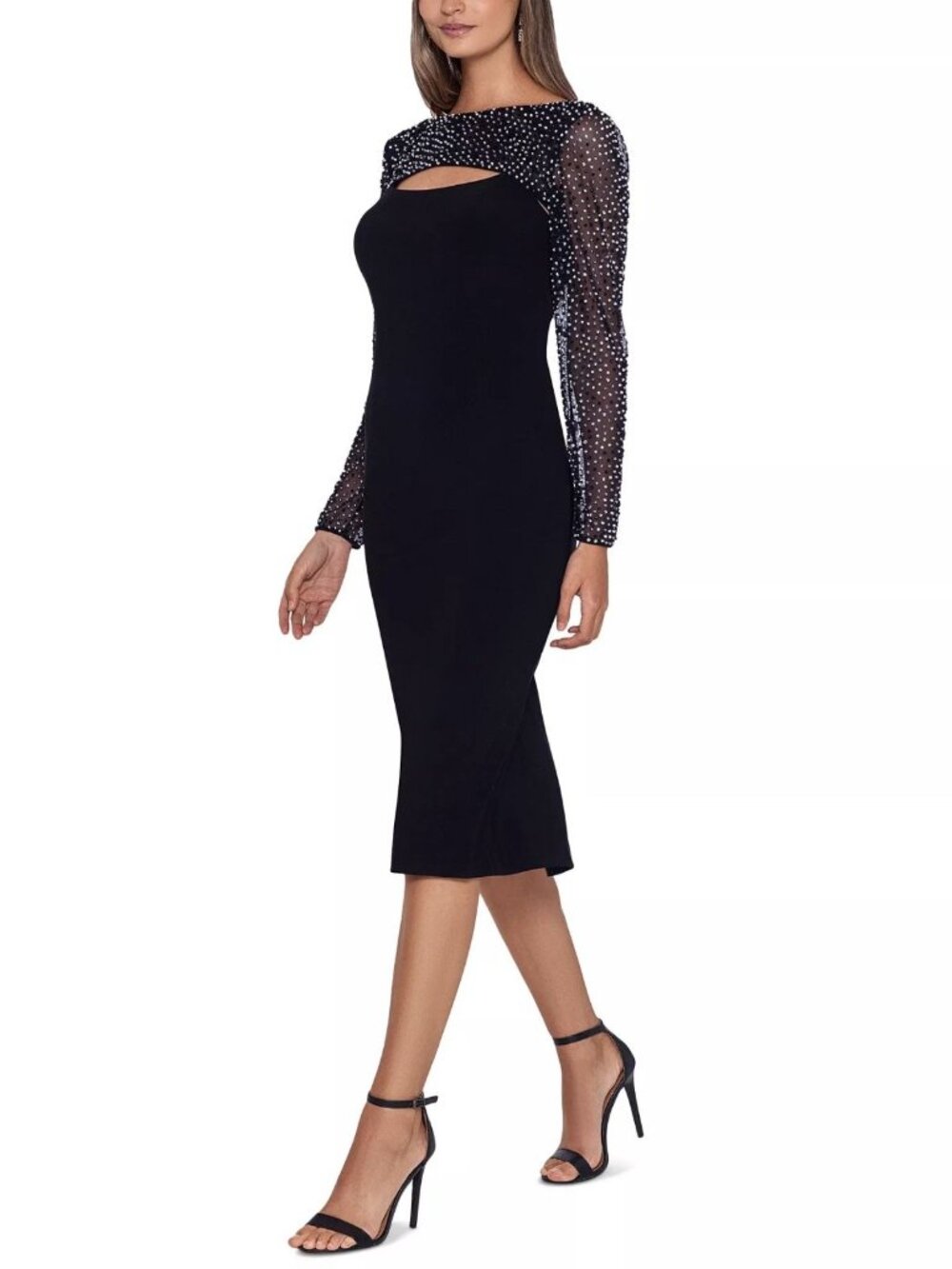 Betsy & Adam Sheath Dress Size 6 Black Beaded Illusion Sleeve Jersey Knit